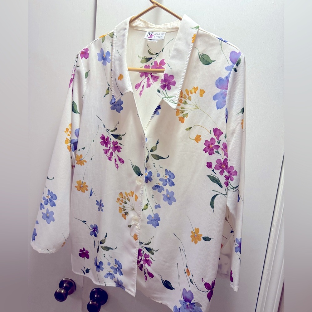 Maggie Sweet brand white ladies button-up blouse with floral pattern